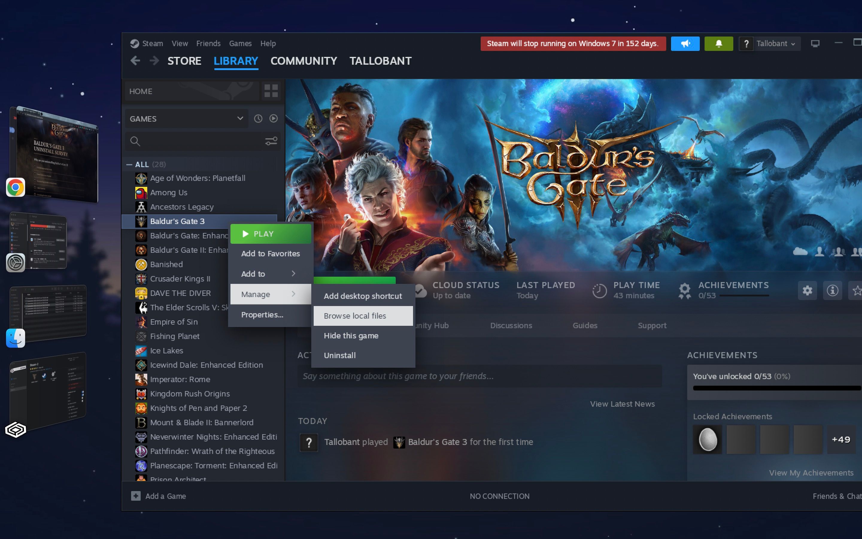 Контекстное меню Steam для Baldur's Gate 3