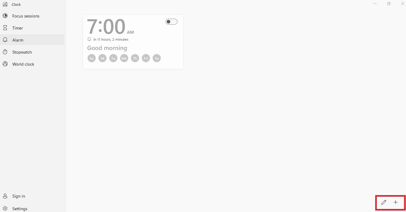 Окно настройки будильников в Windows 11 с кнопкой добавления