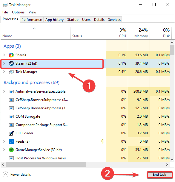 Кнопка 'Завершить задачу' для процесса Steam