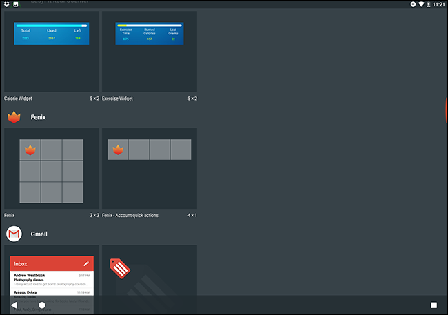 Выбор виджета из меню лончера