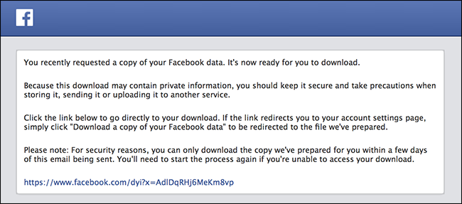 Письмо от Facebook с ссылкой на загрузку архива данных