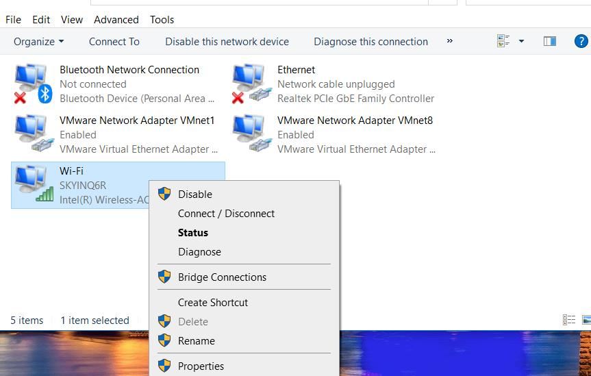 Контекстное меню Свойства сетевого подключения