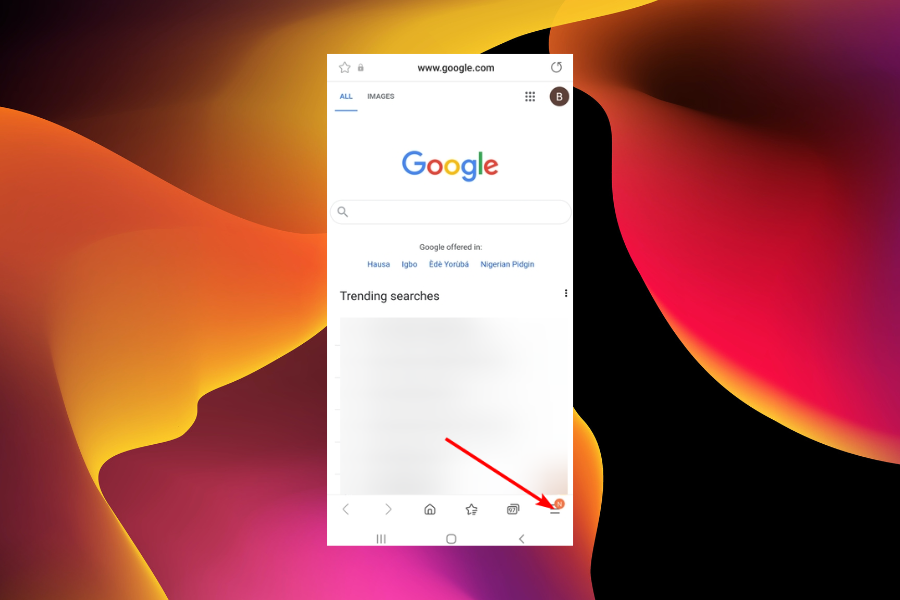 Меню Samsung Internet с кнопкой Ещё