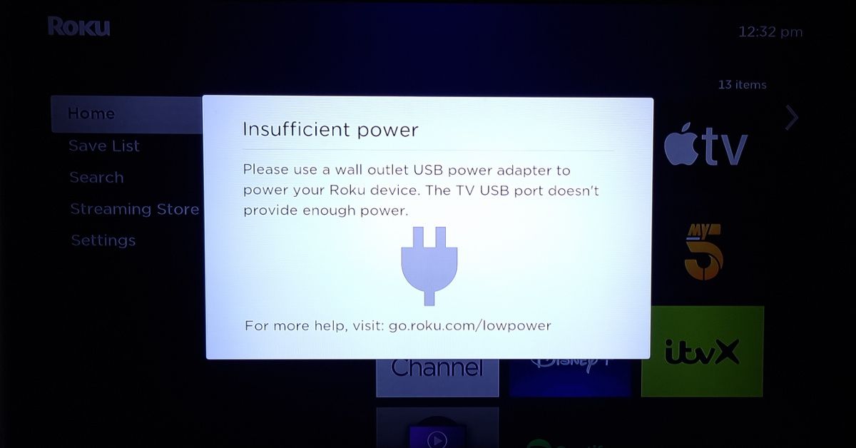 Устройство Roku с сообщением о недостатке питания на экране
