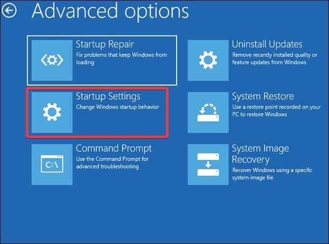Экран Startup Settings в WinRE