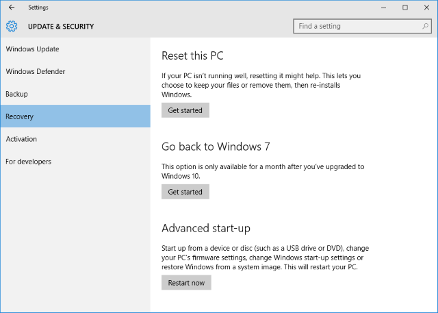 Настройки восстановления Windows 10: возврат к предыдущей версии