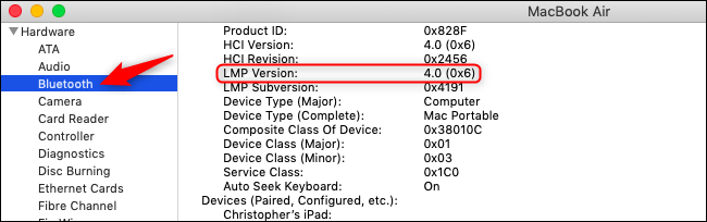 Изображение: системная информация Bluetooth на Mac с указанием версии LMP