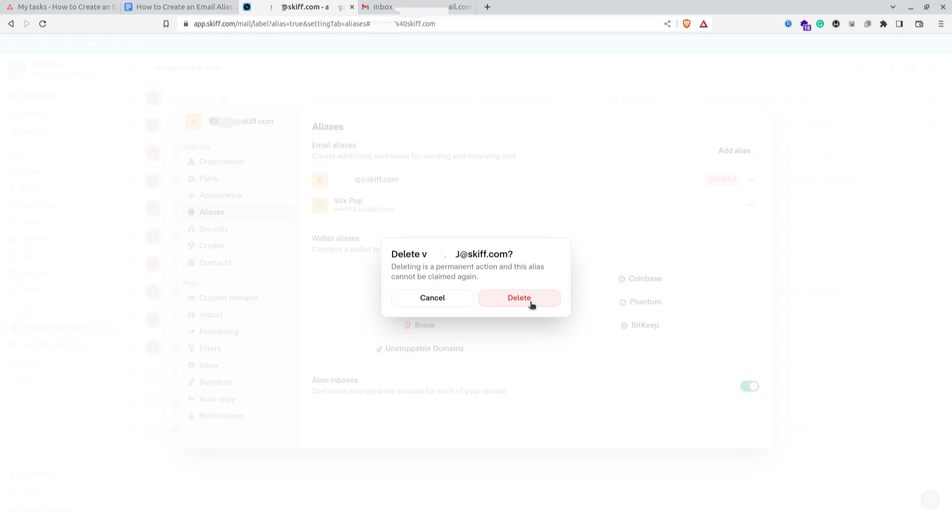 Подтверждение удаления алиаса в Skiff Mail