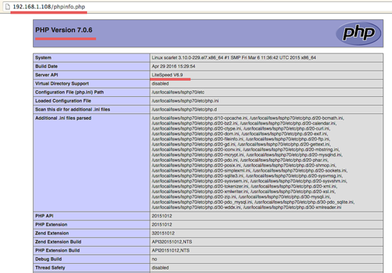 phpinfo() для OpenLiteSpeed и lsphp70.