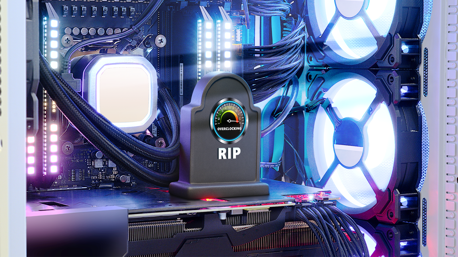 Игровой ПК с подсветкой и маленьким надгробием на GPU с надписью RIP