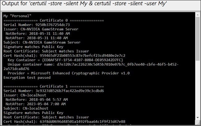 Вывод certutil с перечислением сертификатов в хранилищах