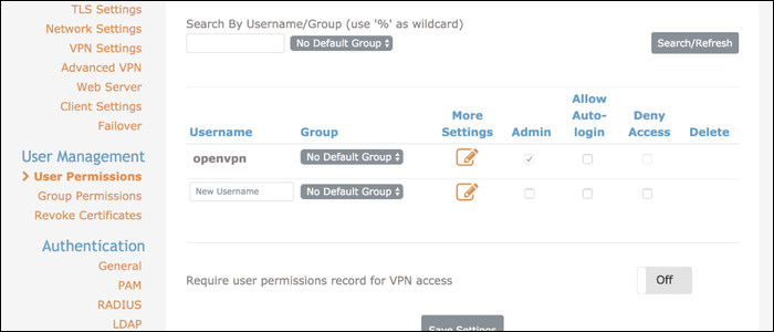 Создание пользователя через User Settings в админке OpenVPN