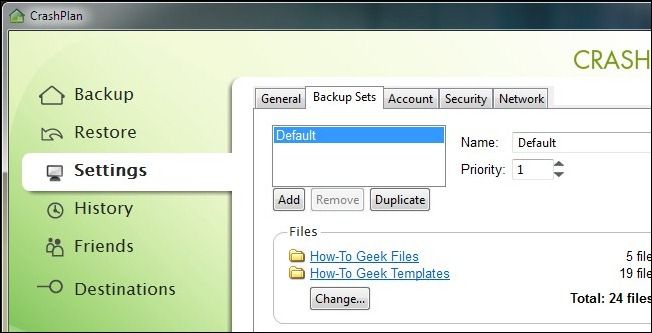 Настройки Backup Sets в CrashPlan — выбор наборов