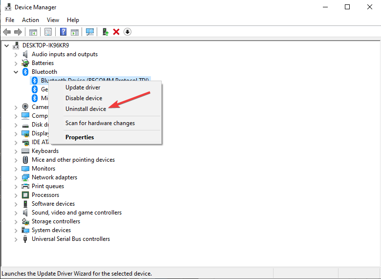 Удаление Bluetooth‑устройства в Диспетчере устройств