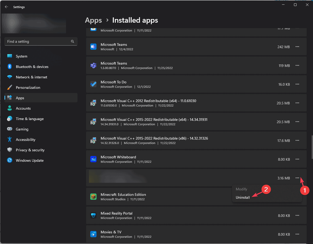 Удаление приложения Visual C++ Redistributable
