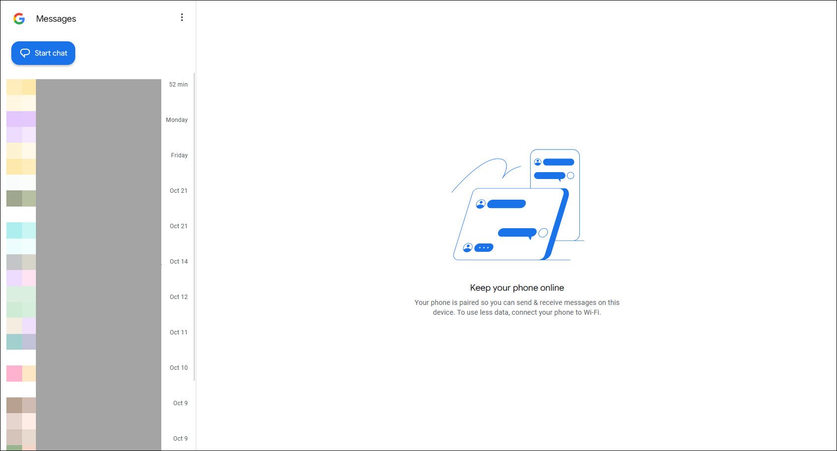 Интерфейс Messages for Web после привязки.