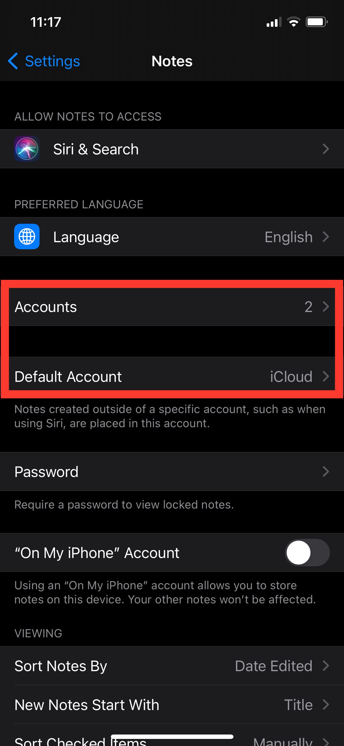 Учётные записи в Заметках