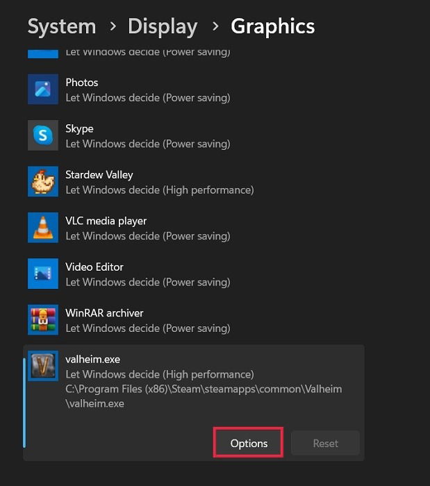 Выбор игры в параметрах графики