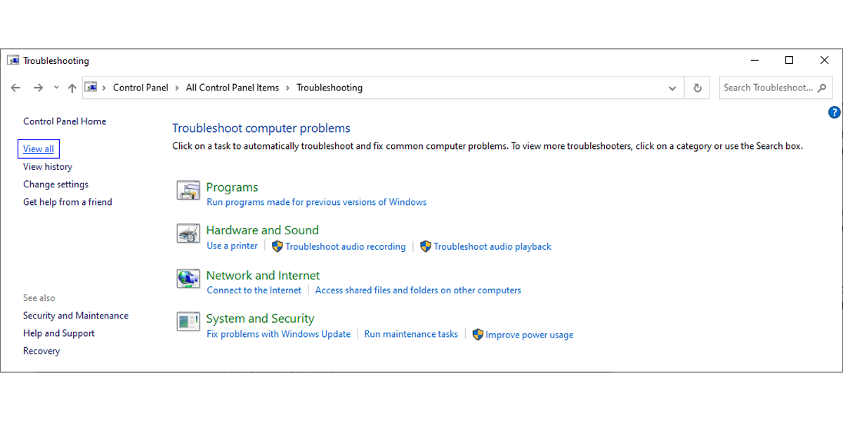 Troubleshooting menu in Window 10.