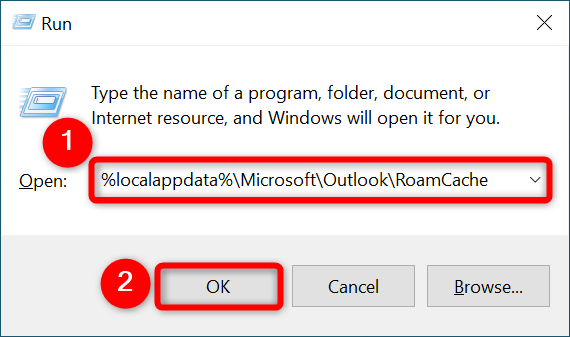 Вставьте путь к кэшу Outlook и нажмите