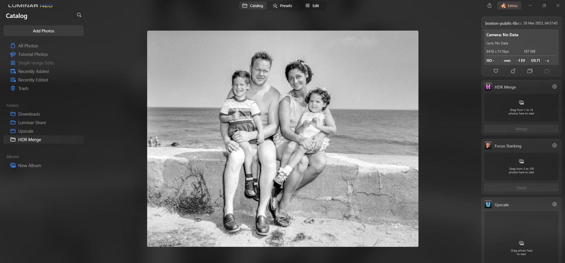 Вид каталога в Luminar Neo с импортированными фотографиями