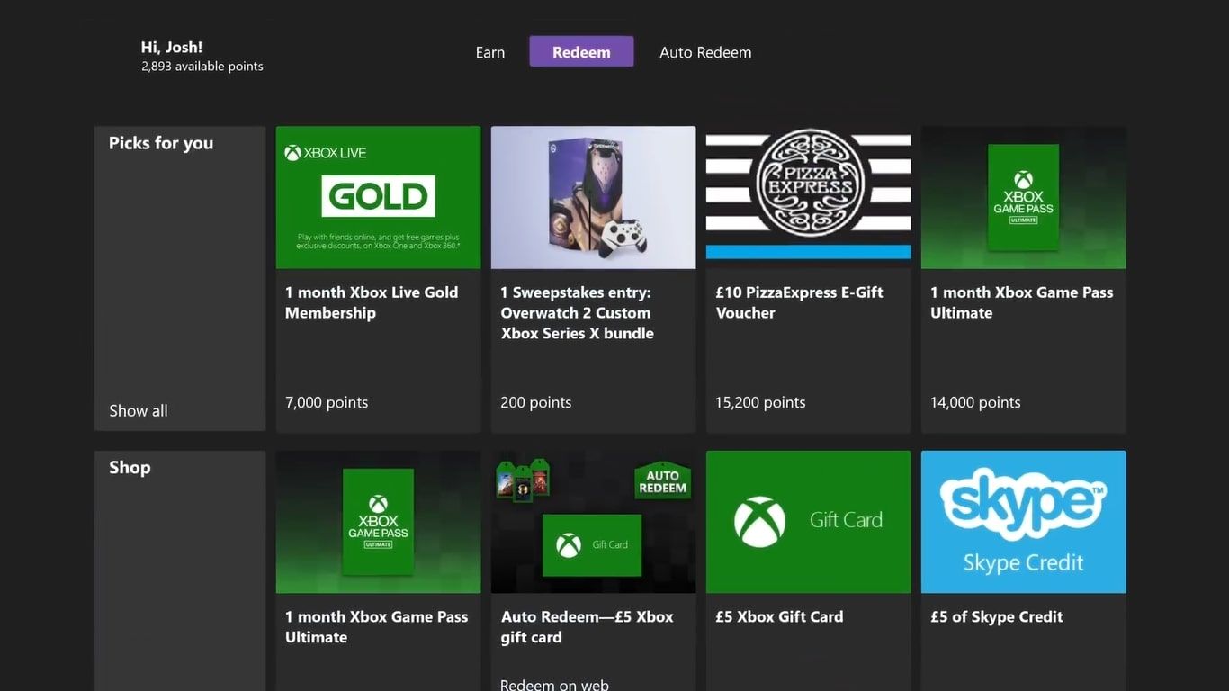 Скриншот приложения Microsoft Rewards on Xbox на Xbox Series X с выделенной кнопкой «Обмен» 