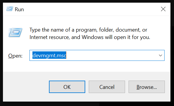 Окно 'Выполнить' в Windows с командой devmgmt.msc