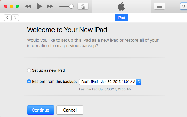 Запрос iTunes о восстановлении резервной копии