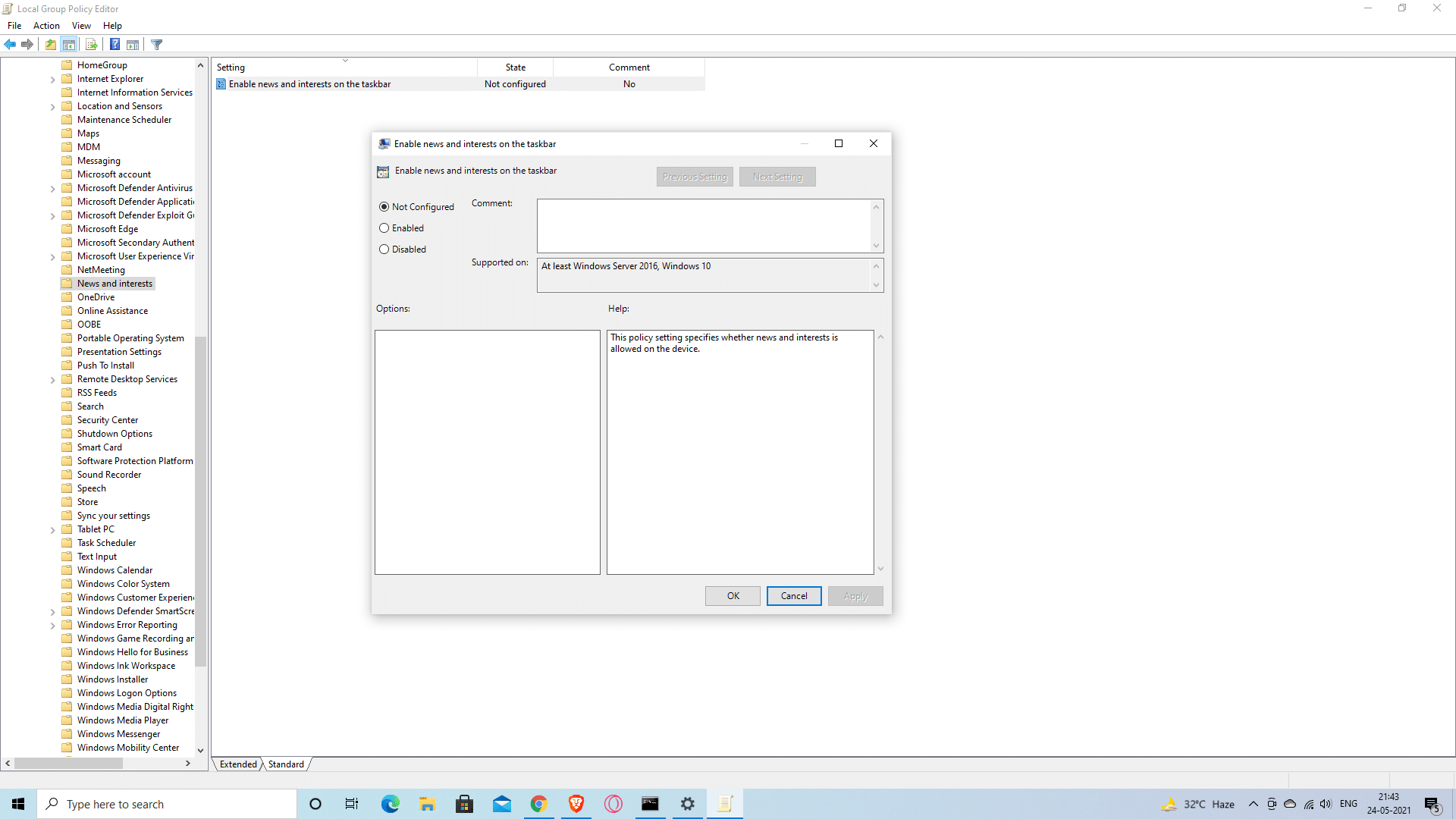 Параметр «News and interests» в Group Policy