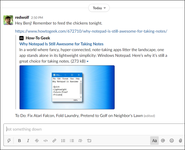 Примеры заметок и ссылок в личных сообщениях Slack