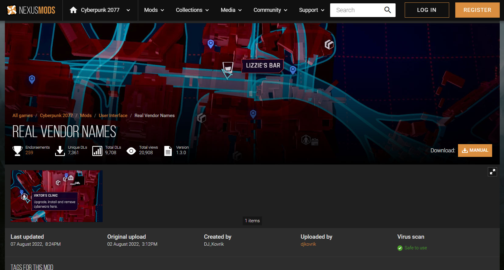 Page de téléchargement Nexus Mods pour Real Vendors Name