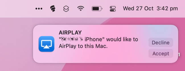 Входящий запрос подключения AirPlay в macOS Monterey