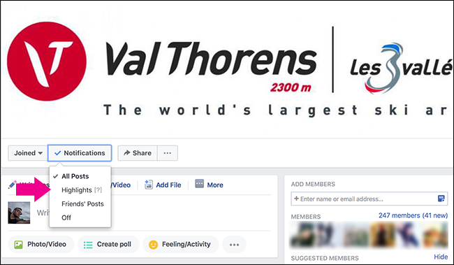 выпадающее меню настроек уведомлений в группе