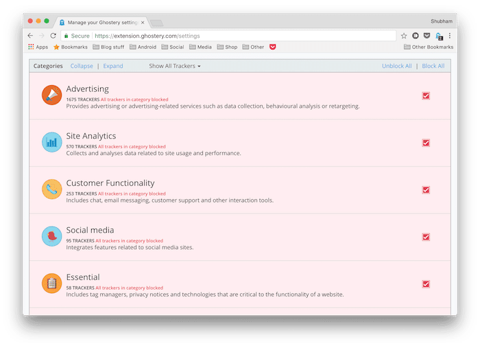 visualização em tempo real de scripts ativos no Ghostery
