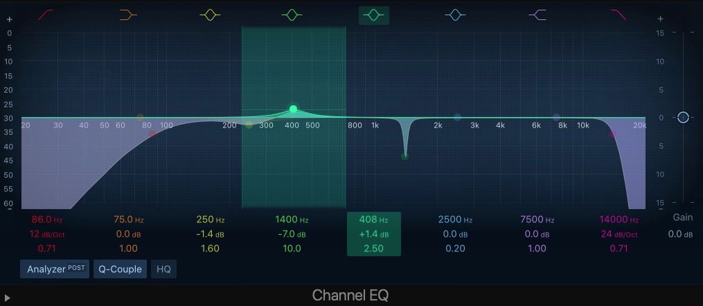 Фильтр для добавления тела гитарам в Channel EQ Logic Pro