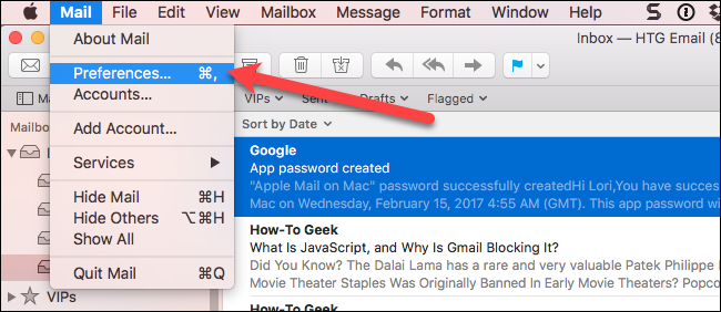 Окно Apple Mail, пункт меню Preferences выделен