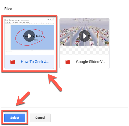В меню вставки Google Slides выберите видео в Google Drive и нажмите Select
