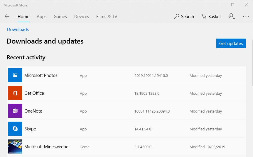 Кнопка Получить обновления в Microsoft Store