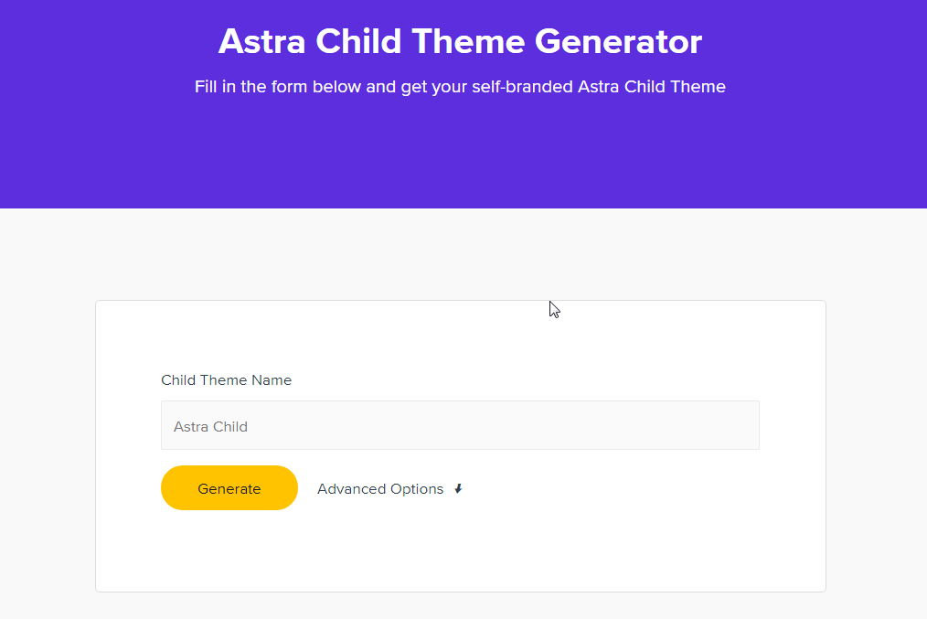 Скриншот генератора дочерней темы Astra