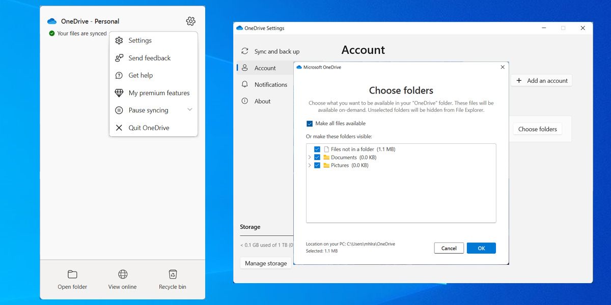 Окно настроек папок OneDrive в клиенте