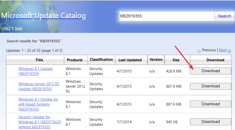 Кнопка загрузки пакета обновления в каталоге Microsoft