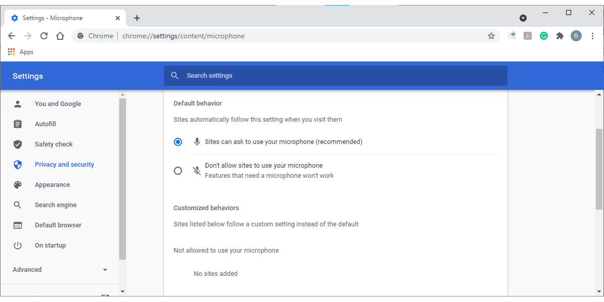 Настройки конфиденциальности Chrome, раздел микрофона и список сайтов
