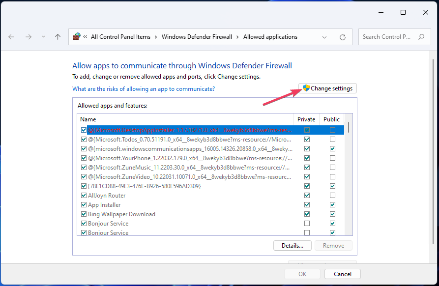 Кнопка Изменить параметры в окне разрешений брандмауэра