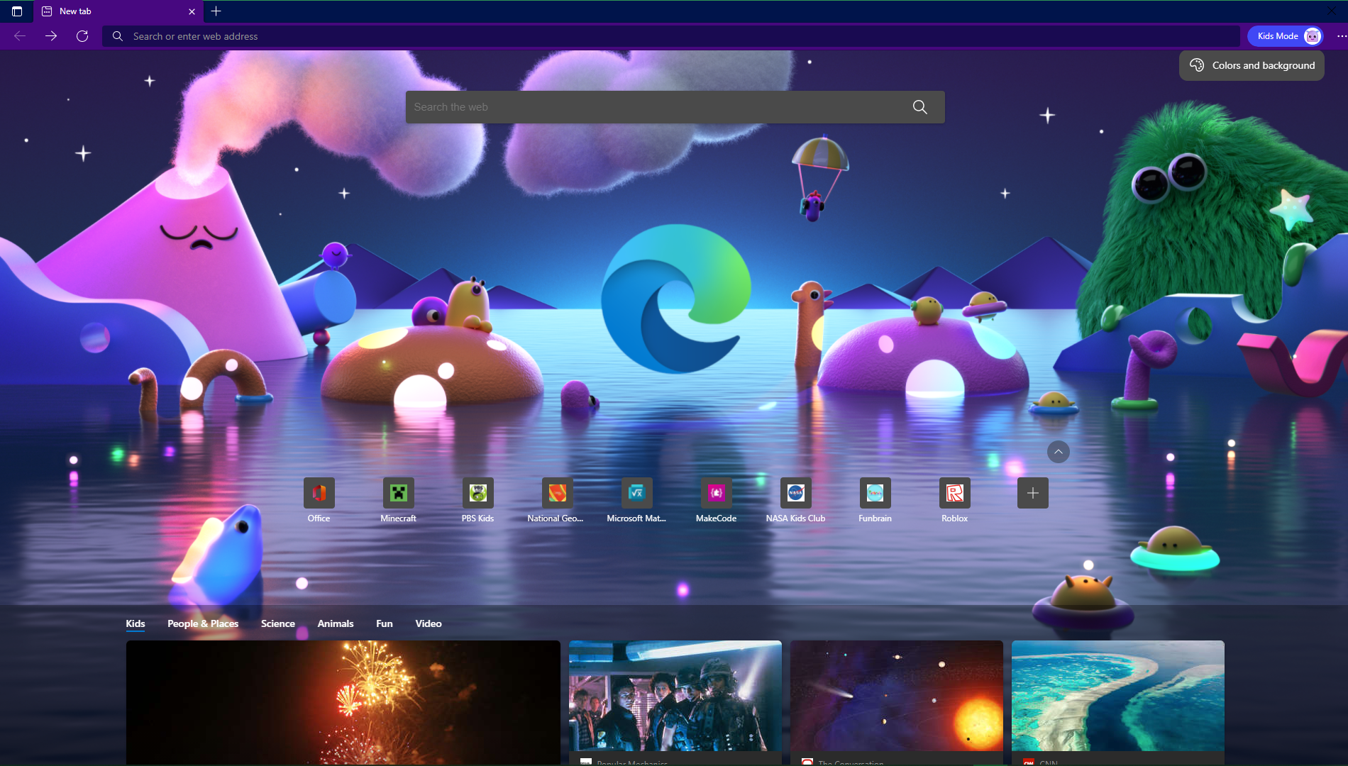 Главная страница Kids Mode в Edge с поиском и избранными сайтами для детей