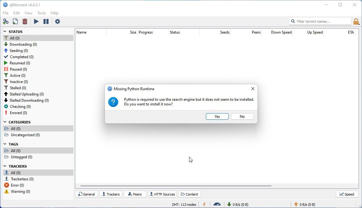 Запрос установки Python в qBittorrent