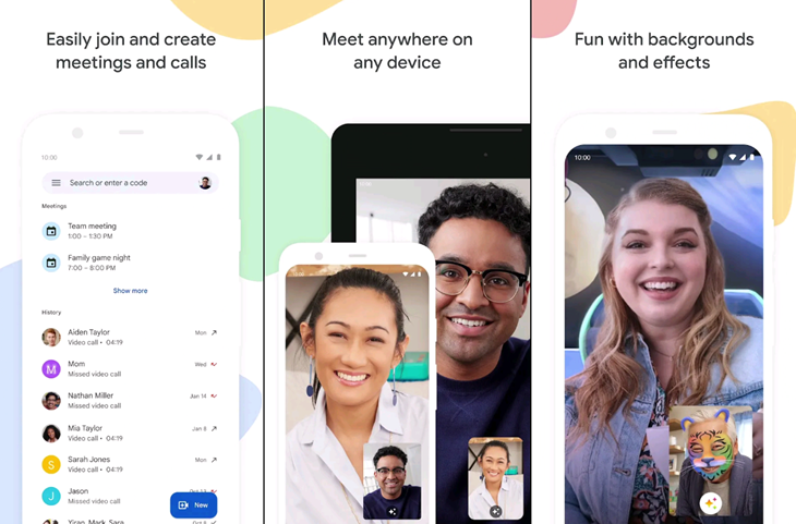 Скриншоты интерфейса Google Meet на мобильном устройстве.