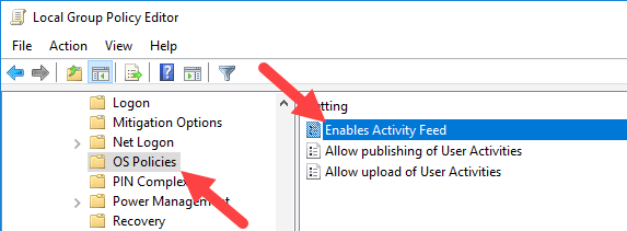 Открытие политики для отключения Timeline