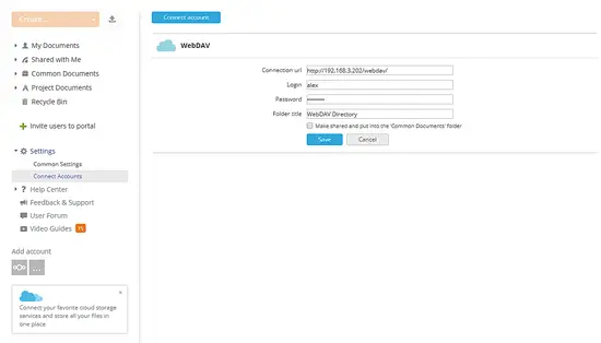 Окно подключения аккаунта WebDAV в ONLYOFFICE
