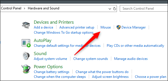 Ссылка «Мышь» в группе «Устройства и принтеры»