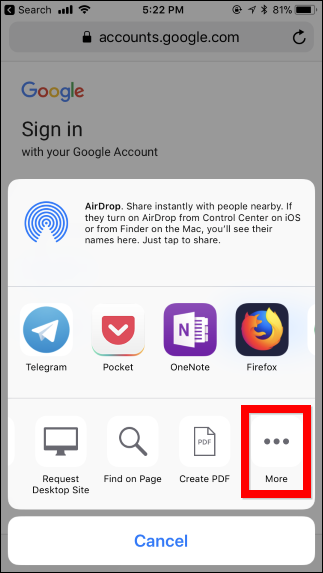 Список действий листа Поделиться с опцией Ещё